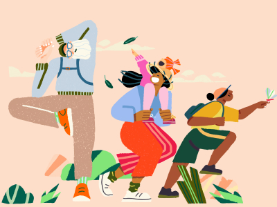 A group of illustrated people travelling