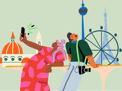 An illustration of a man and a women, with world icons in the background